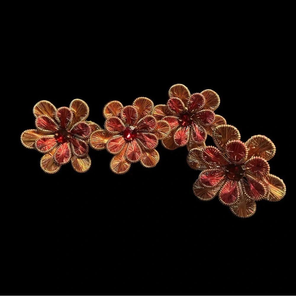 Pier 1 Four Golden and Deep Red Textured Flower Sparkly Stone Napkin Rings NWTs